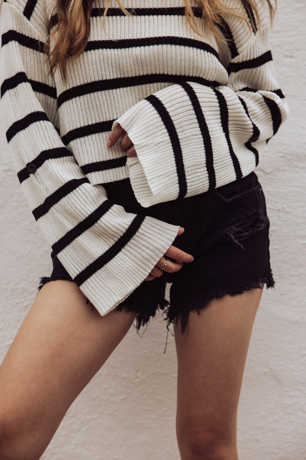 MOXIE STRIPED ROLL UP LONG SLEEVE SWEATER