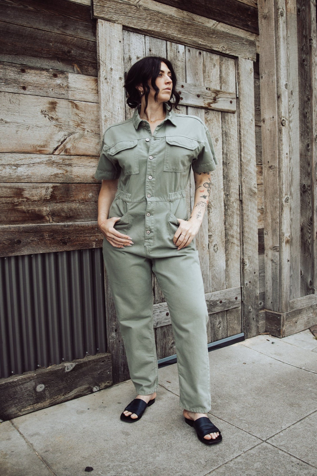 FREE PEOPLE MARCI DENIM JUMPSUIT - WASHED ARMY