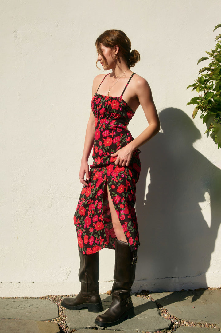 Soraya Printed Floral Maxi Dress showcases a striking red floral design, perfect for making a bold fashion statement.