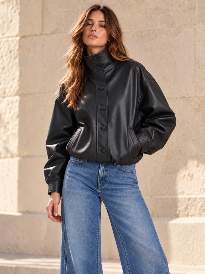 Daze Denim Phantom Faux Leather Funnel Neck Jacket in black — editorial front view against a warm stone wall
