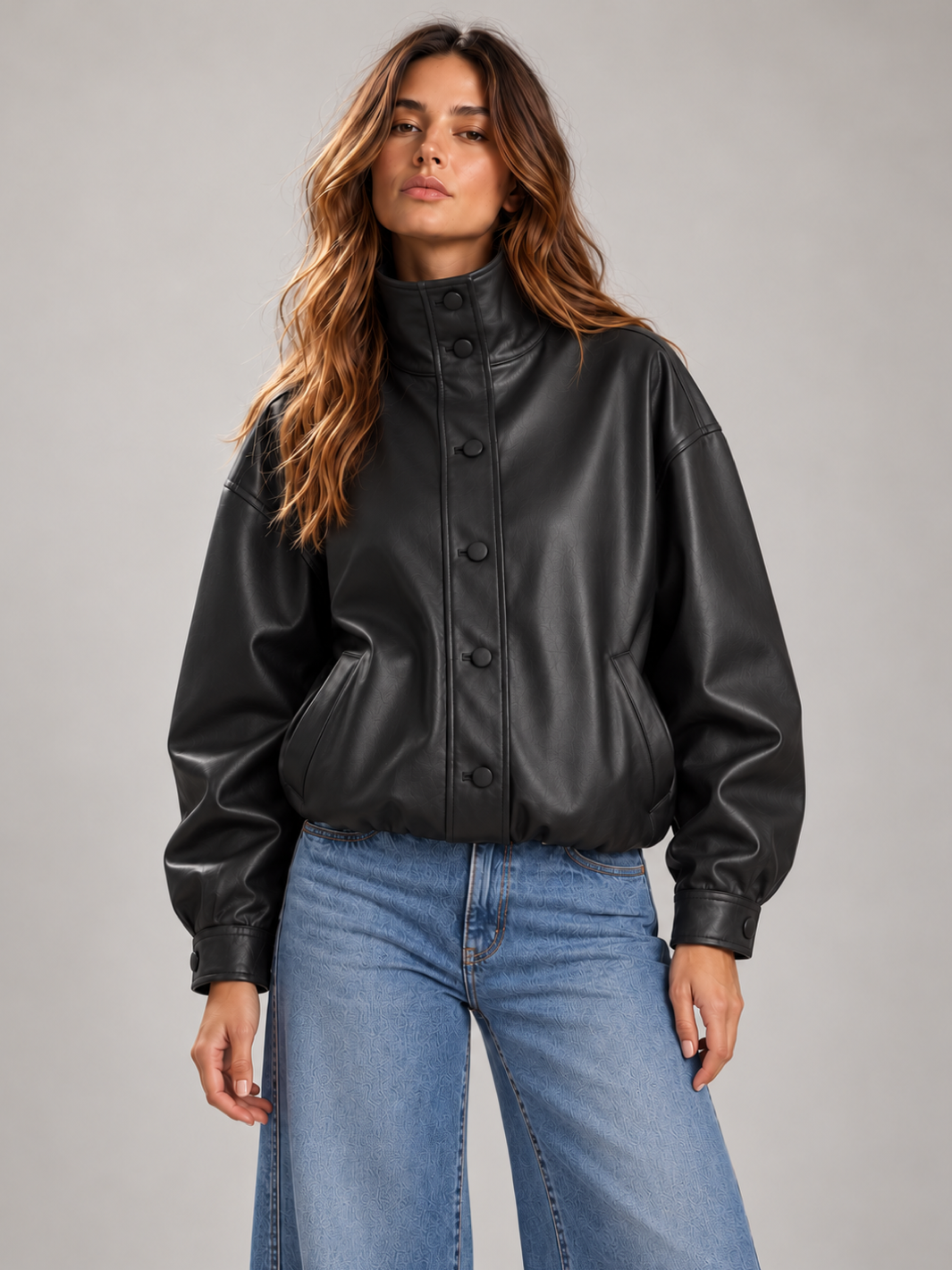 Daze Denim Phantom Faux Leather Funnel Neck Jacket in black — studio front view