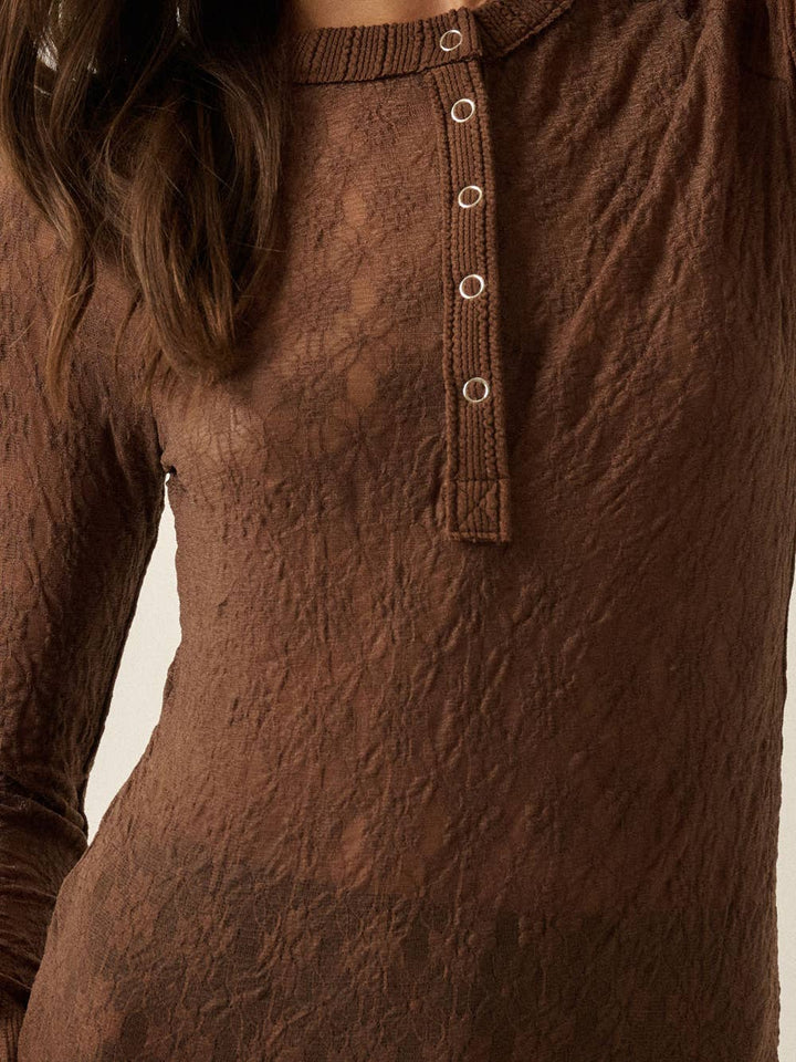 Sloane Floral Lace Henley Top in Chocolate — close-up of half-snap placket and rib-knit neckline | Jayden P Boutique