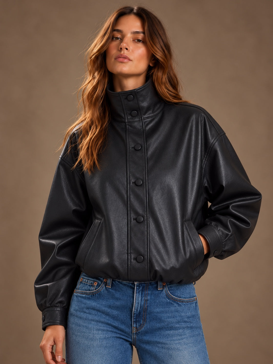 Daze Denim Phantom Faux Leather Funnel Neck Jacket in black — close editorial front view on warm brown background