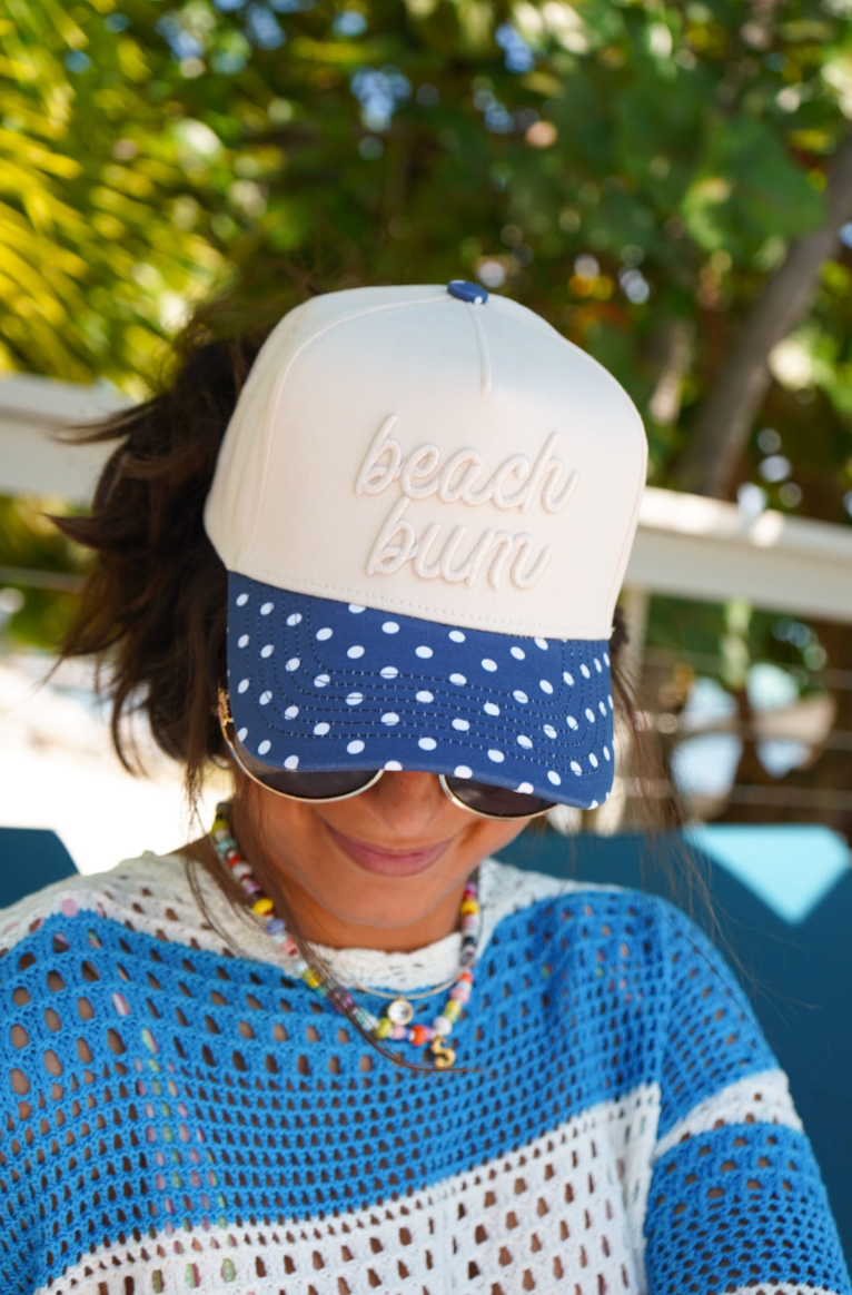 KENZKUSTOMZ Beach Bum Polka Dot Trucker Hat in Navy Polka Dot — Playful Embroidered Snapback | Jayden P Boutique