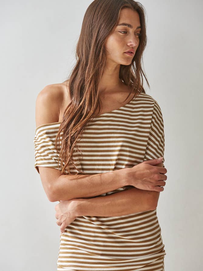 Marlow Striped Asymmetrical Knit Top in Cream Mocha — full outfit view | Jayden P Boutique
