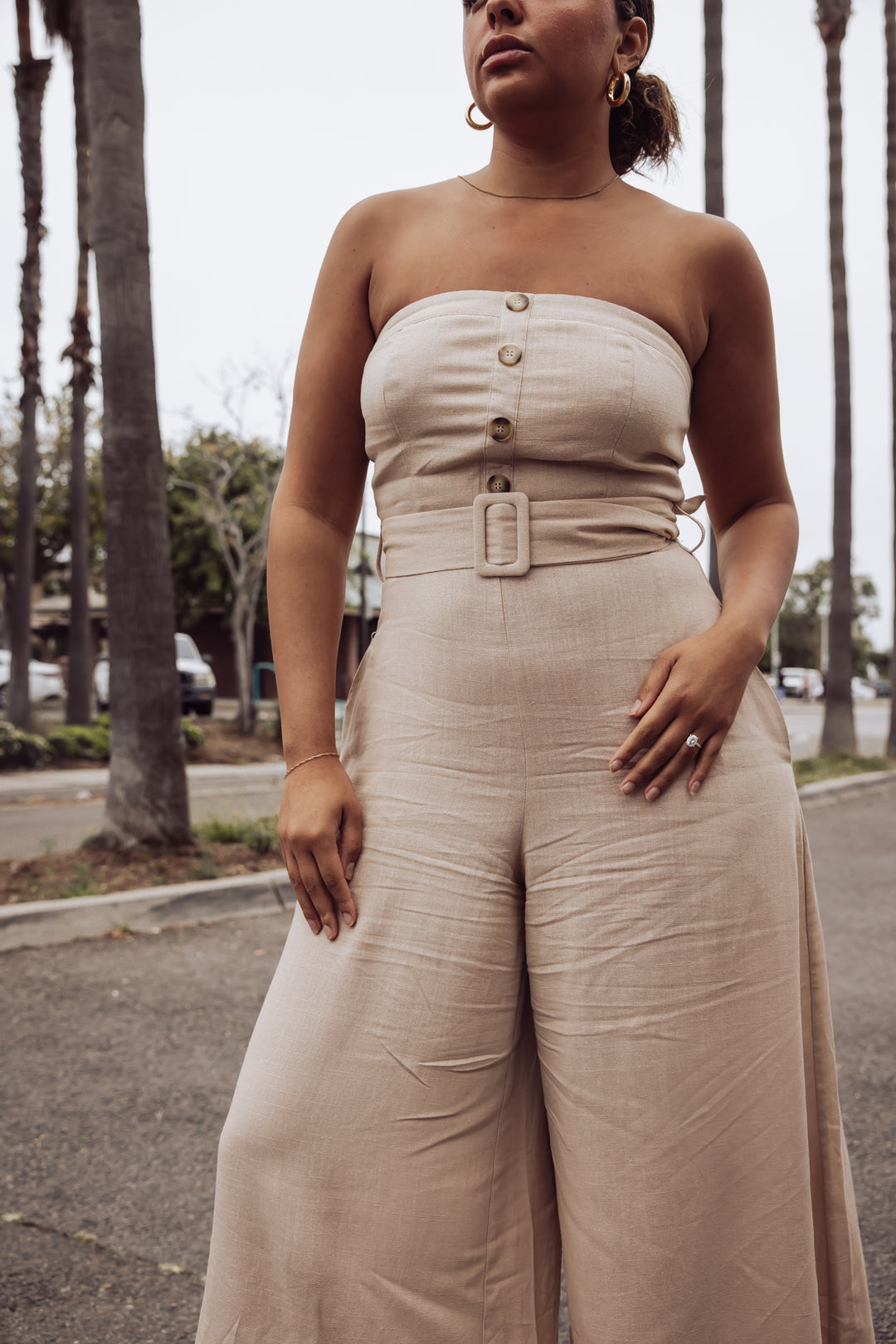 Catalina Strapless Pocketed Belted Linen Jumpsuit