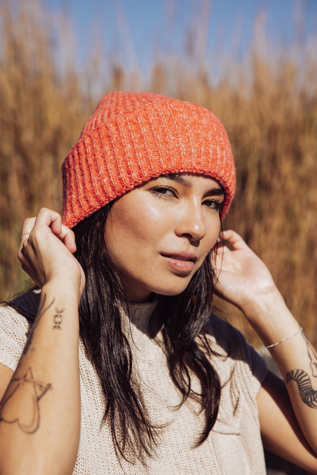 Free People Harbor Marble Ribbed Beanie - Cherry Tomato