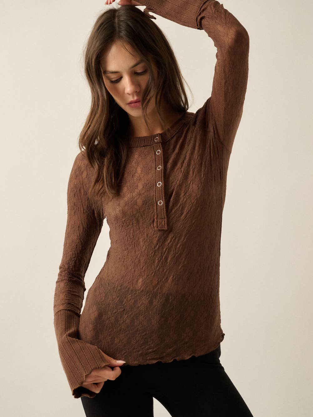 Sloane Floral Lace Henley Top in Chocolate — raglan sleeve, split cuff and lettuce-edge hem detail | Jayden P Boutique