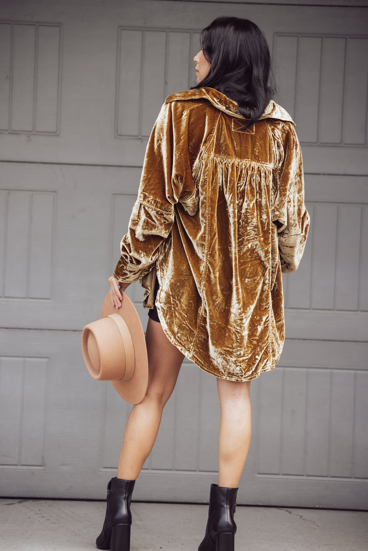 FREE PEOPLE NIGHT SKIES VELVET BUTTON UP LONG SLEEVE - GOLD