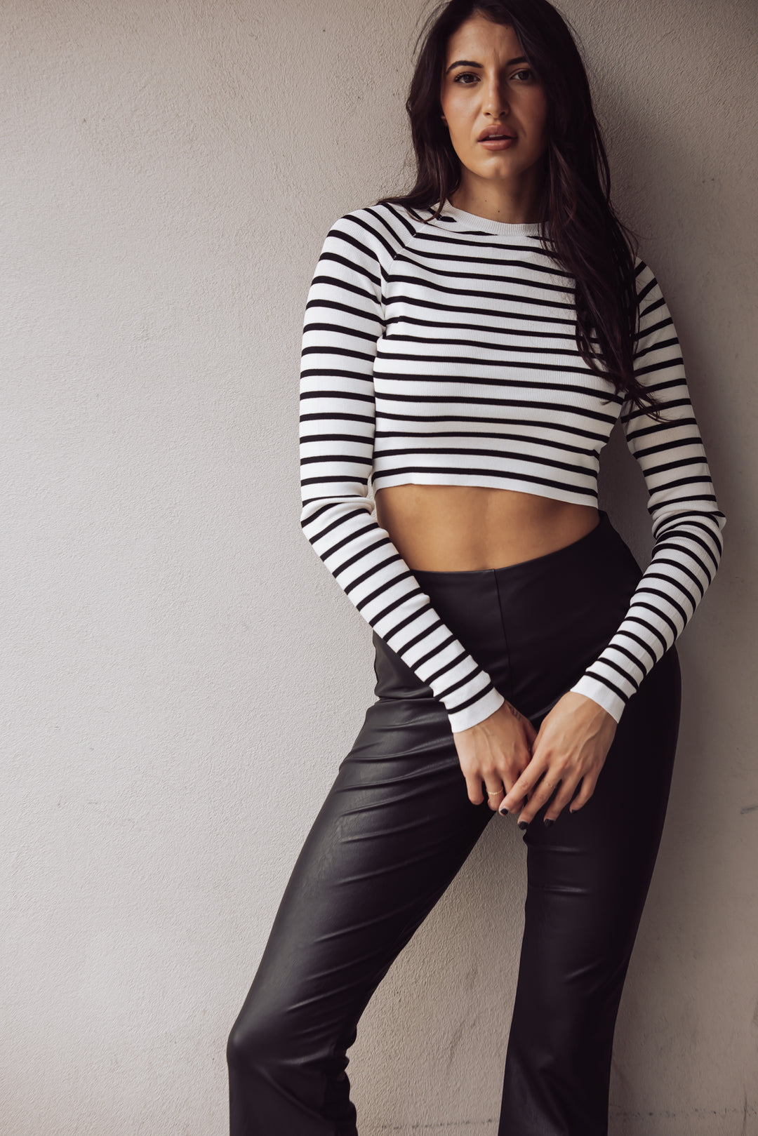 MISA CROPPED STRIPED LONG SLEEVE TOP - BLACK/WHITE