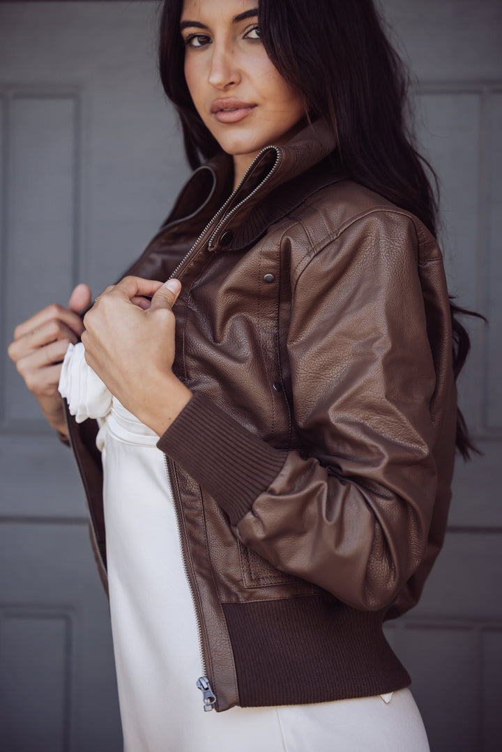 STEVE MADDEN CAPRICE FAUX LEATHER BOMBER JACKET - BROWN