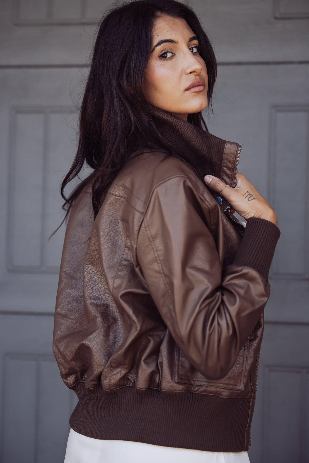 Steve Madden Caprice Faux leather Bomber Jacket- Brown