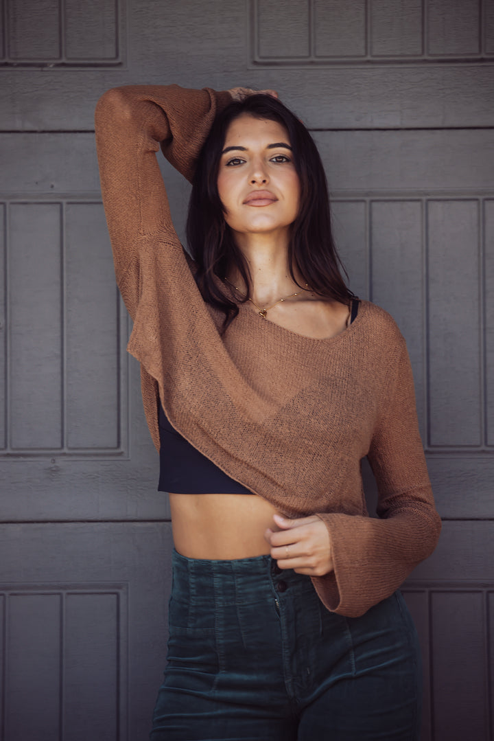 CITY SIDE CROCHET CROPPED COVER UP SWEATER - BROWN