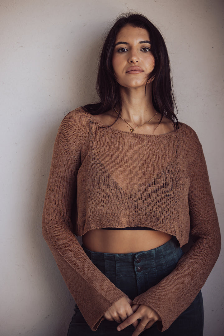 CITY SIDE CROCHET CROPPED COVER UP SWEATER - BROWN