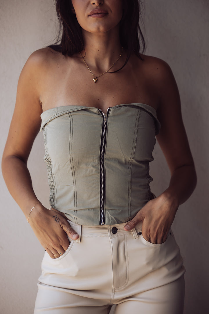 Annie Contrast Front Zipper Bustier - Olive