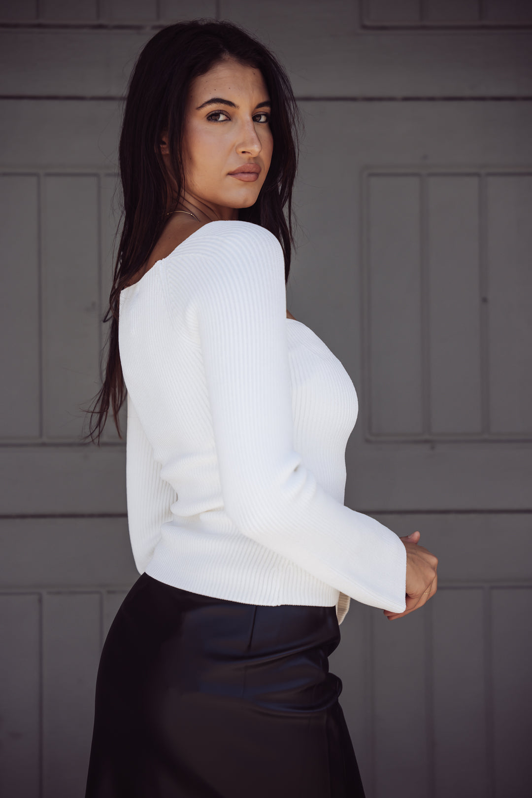 CLAIRE RIBBED LONG SLEEVE SWEATER TOP - WHITE