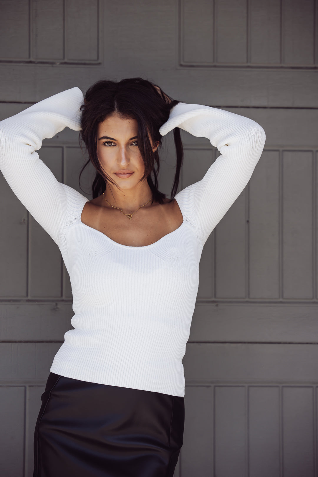 Claire Ribbed Long Sleeve Sweater Top - White