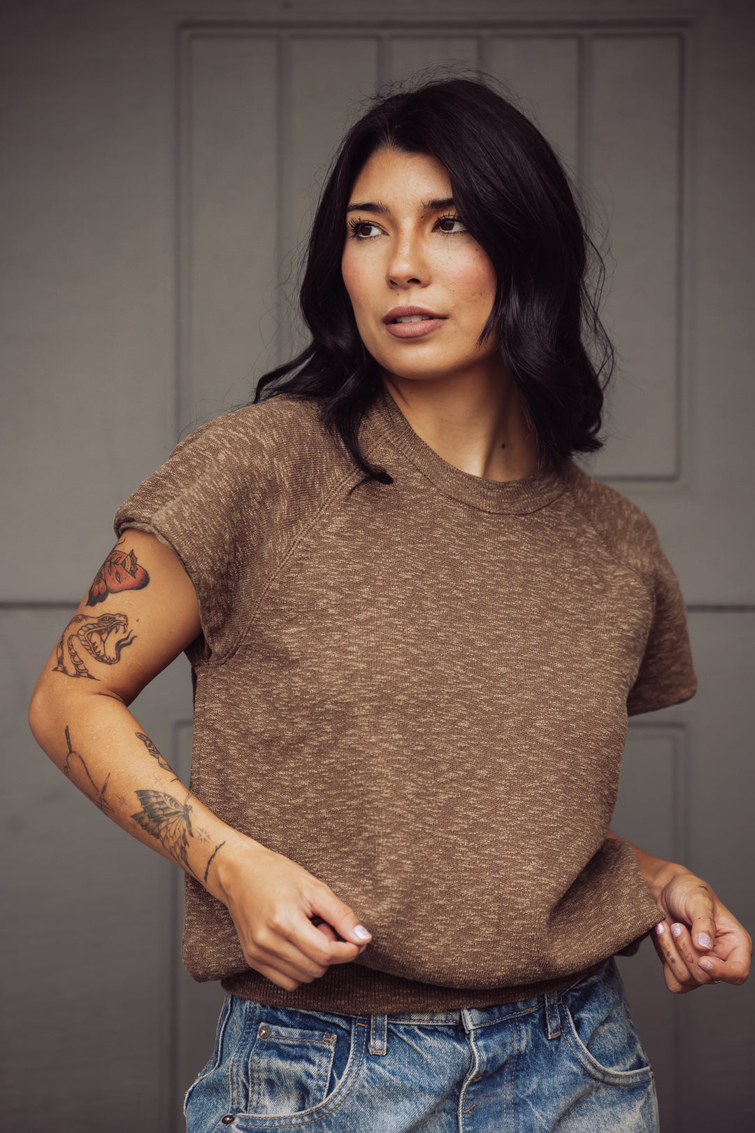 Over And Out Knit Crew Neck Top - Brown