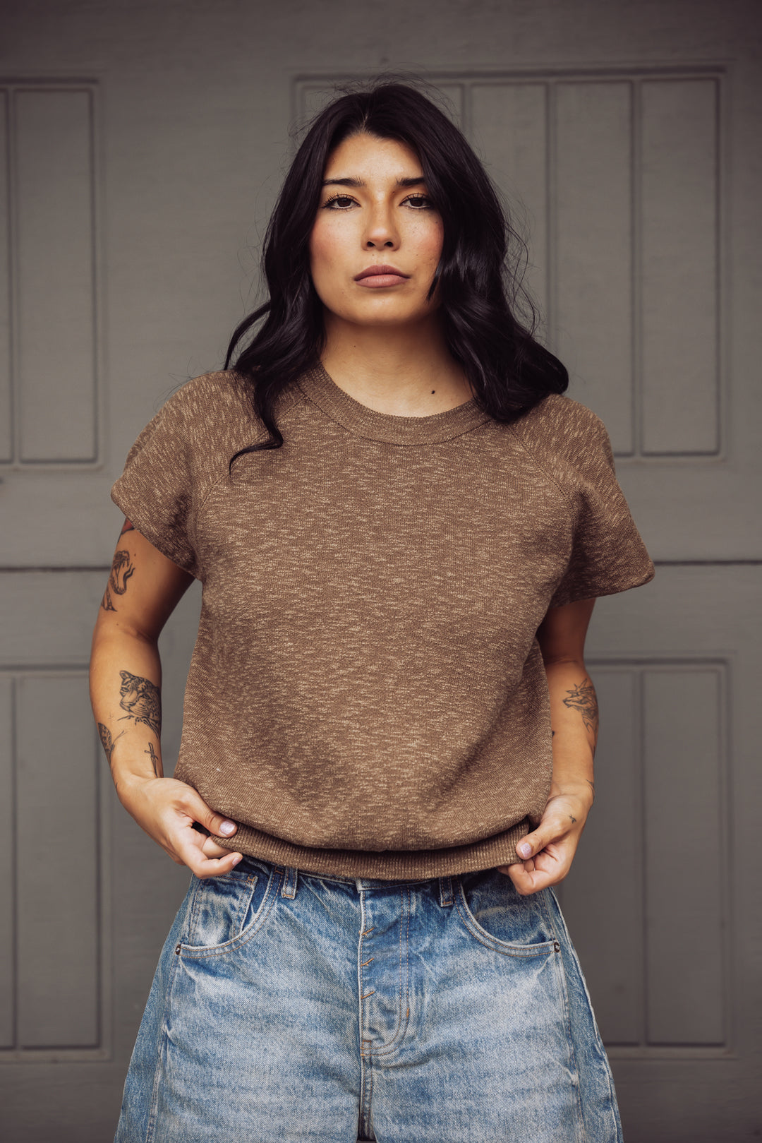 Over And Out Knit Crew Neck Top - Brown
