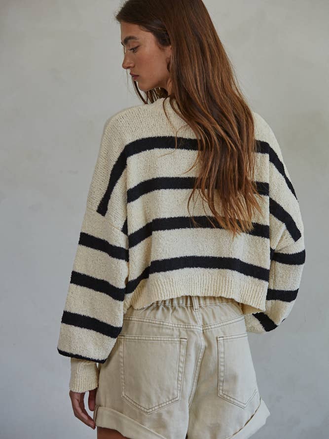Aspen Striped Crewneck Knit Sweater in Natural Black | Jayden P Boutique