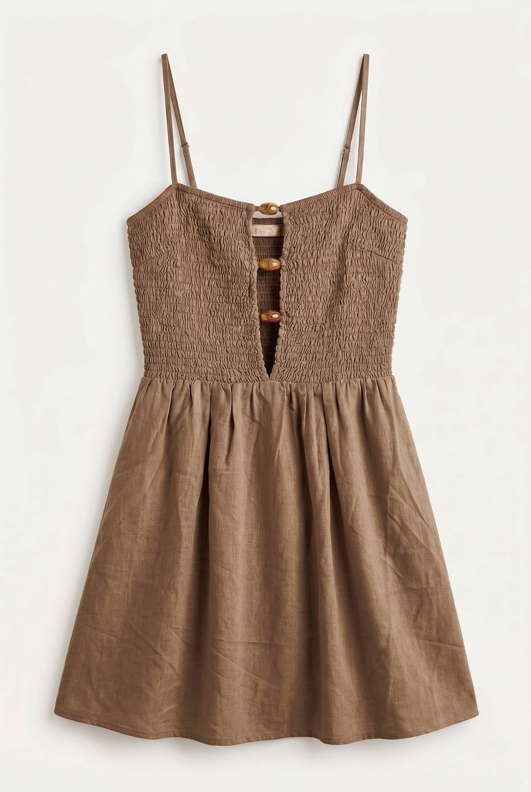 ILLA ILLA The Catalina Smocked Bodice Mini Dress in Chestnut — Sleeveless with Beaded Detail and Adjustable Straps | Jayden P Boutique