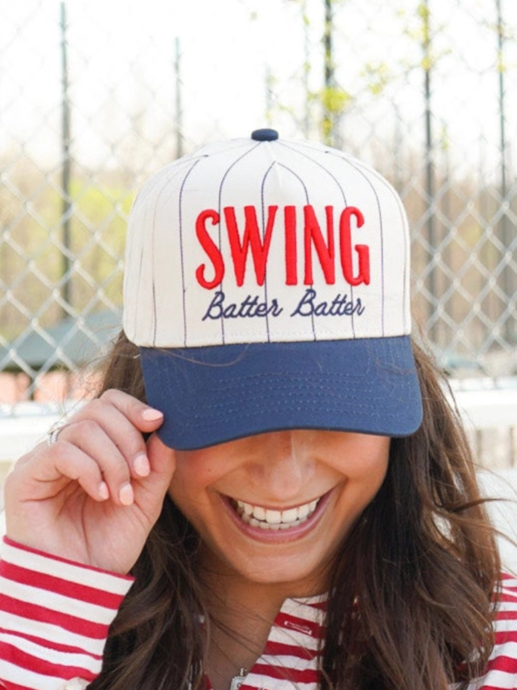 KENZKUSTOMZ Swing Batter Batter Pinstripe Baseball Cap, white crown, navy brim, red SWING embroidery