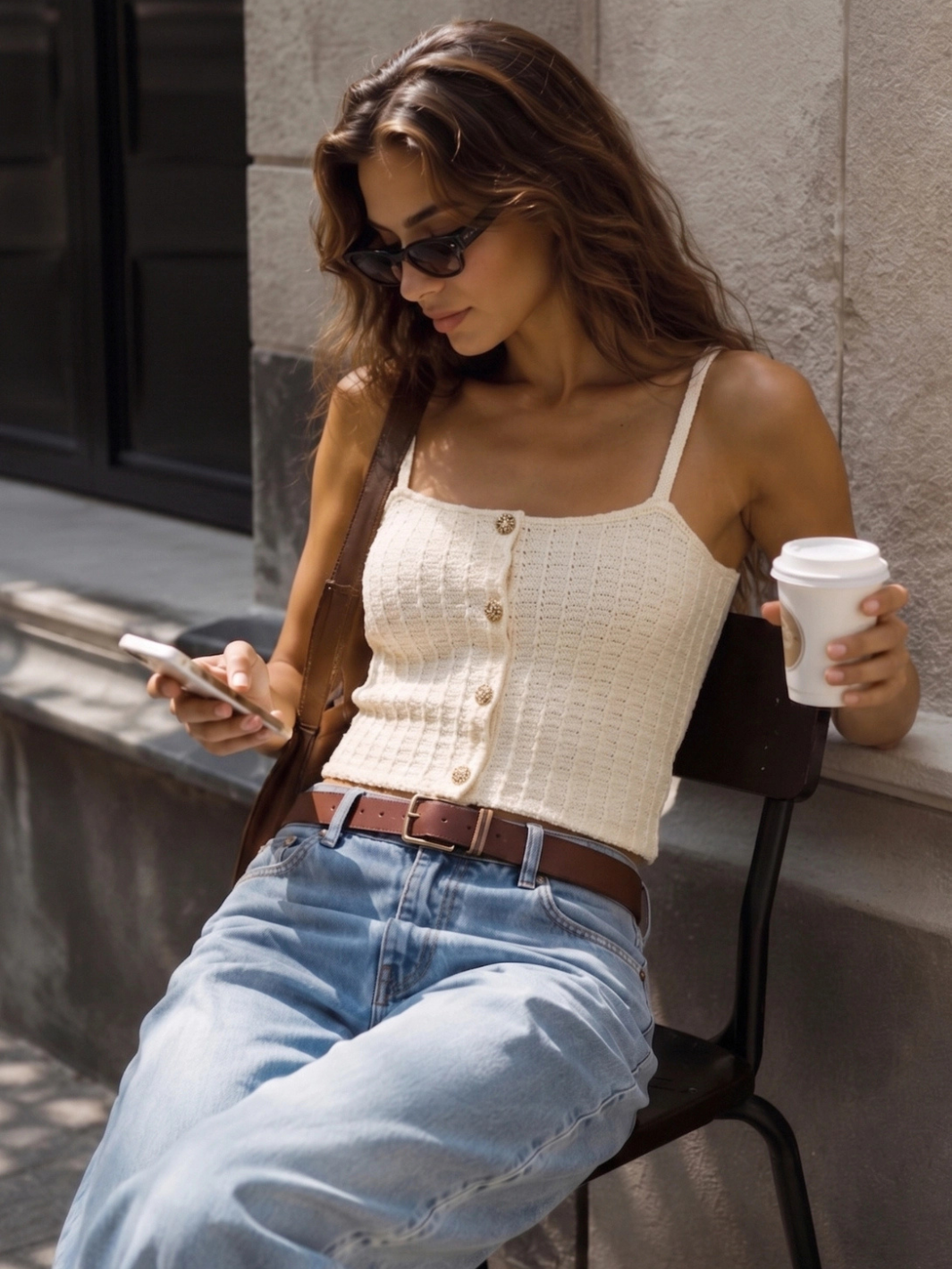 Front view of cream square-neck waffle-knit cropped camisole with ornate gold-tone button placket, styled with wide-leg blue jeans and brown leather shoulder bag