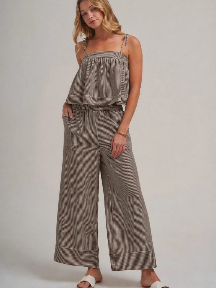 Portofino striped wide-leg pants with pockets, pull-on waist; breezy set with matching cami.
