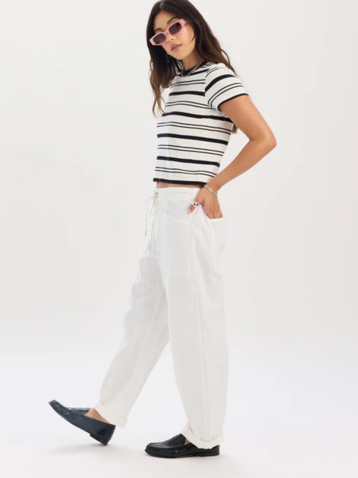 Daze Denim Villa Drawstring Barrel Leg Pant, relaxed white pants with drawstring waist and tapered barrel leg.