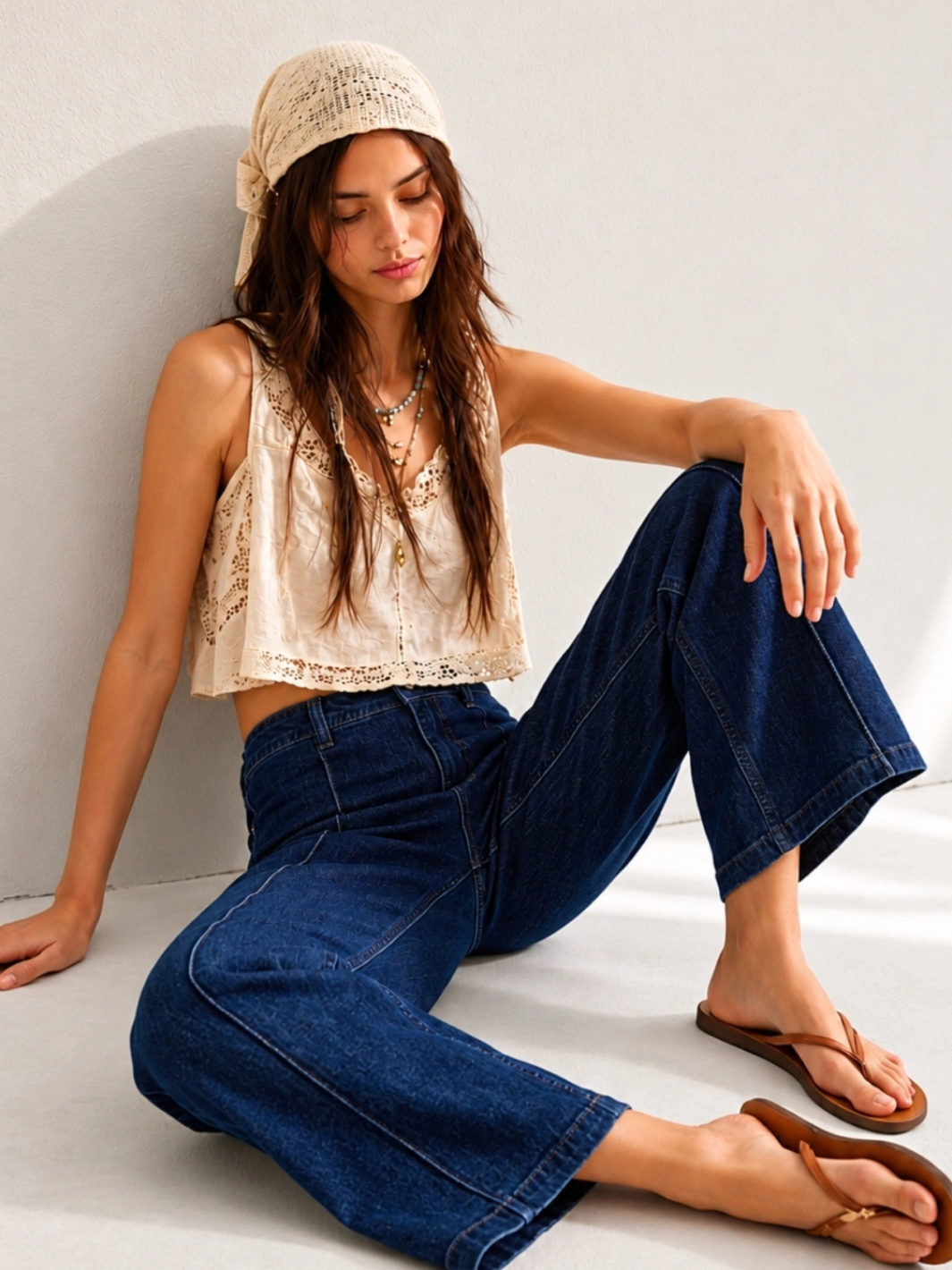 Woman wearing The Sundaze dark indigo high-rise wide-leg stretch jeans with front seam detail, styled with a cream lace crop camisole, boho head scarf, and brown leather sandals in a relaxed seated pose
