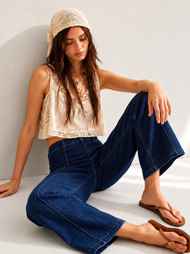 Woman wearing The Sundaze dark indigo high-rise wide-leg stretch jeans with front seam detail, styled with a cream lace crop camisole, boho head scarf, and brown leather sandals in a relaxed seated pose