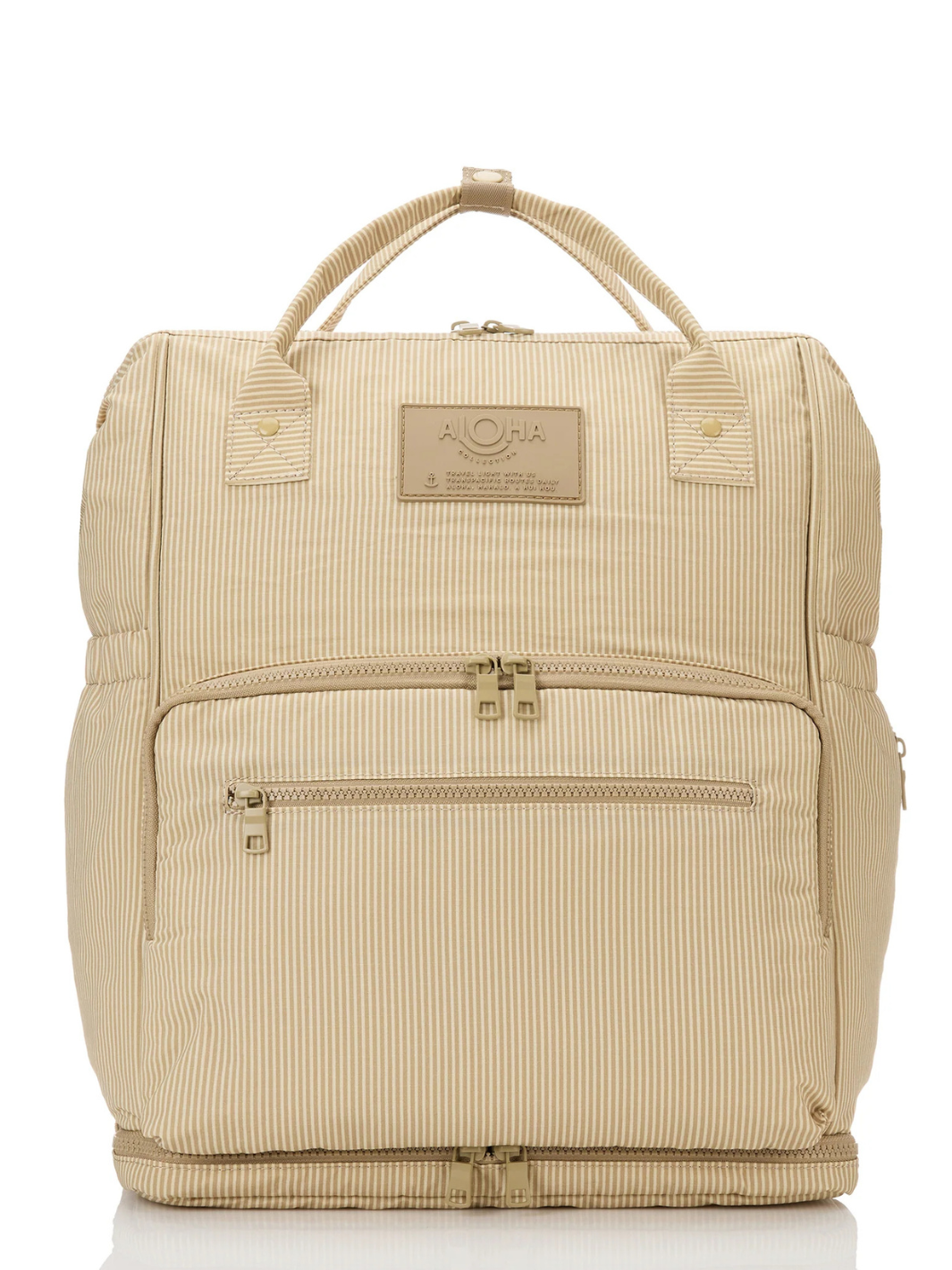Le Bébé Diaper Backpack from ALOHA Collection in beige striped fabric with dual top handles and front pocket