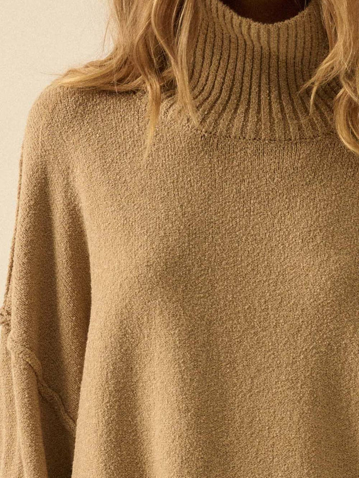 Harlow Mock-Neck Ribbed Knit Sweater in Sand — mock neckline close-up | Jayden P Boutique