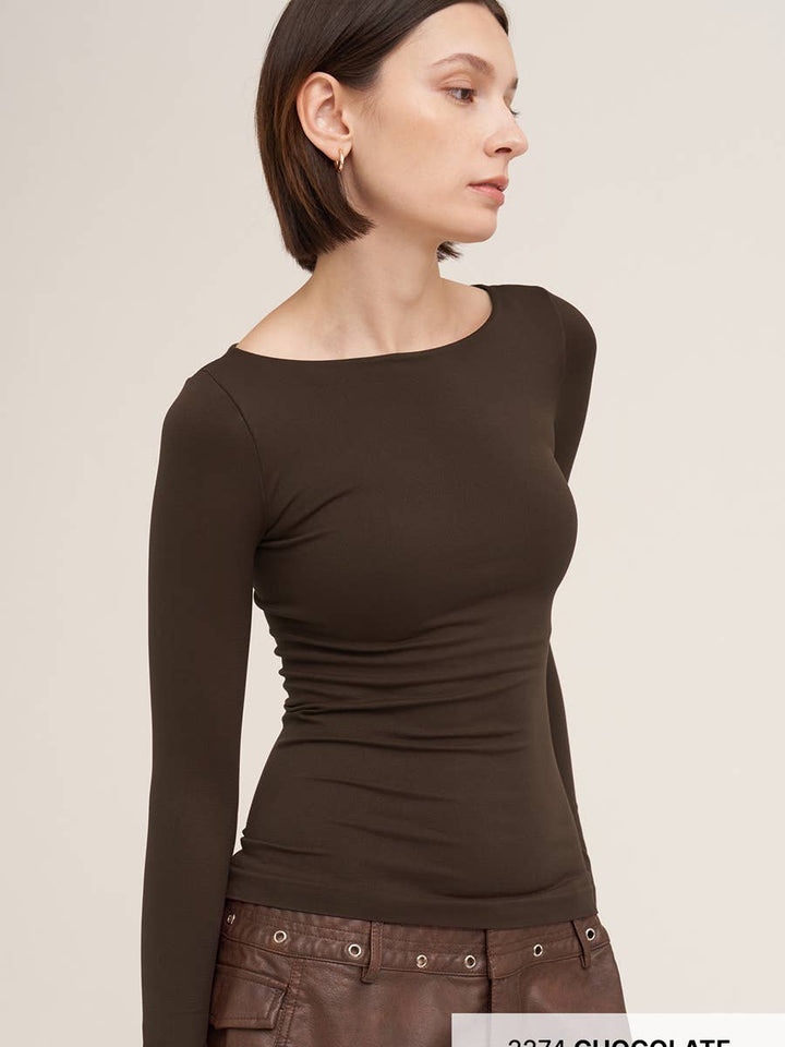 NikiBiki Margot Boat Neck Long Sleeve Top in Chocolate — fitted boat neck layer with brown leather skirt | Jayden P Boutique