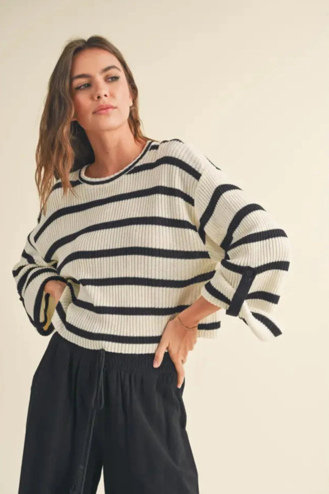 Moxie Striped Roll Up Long Sleeve Sweater