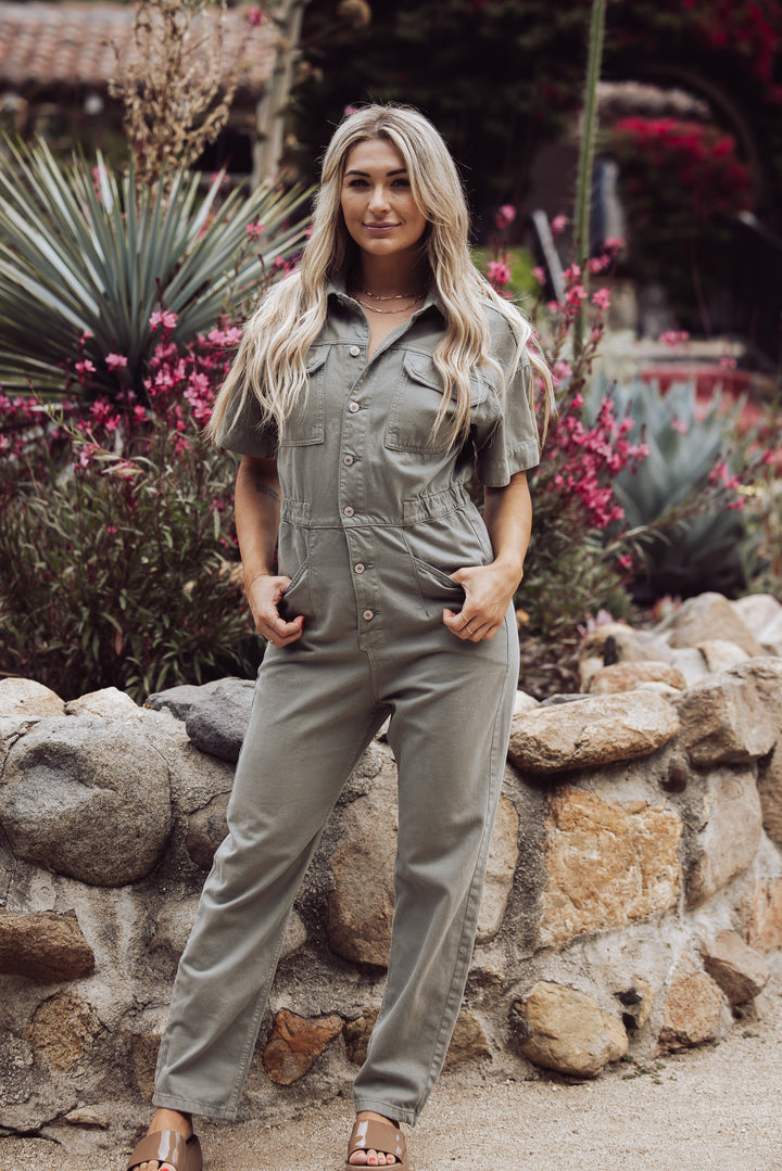 FREE PEOPLE - MARCI DENIM JUMPSUIT - WASHED ARMY