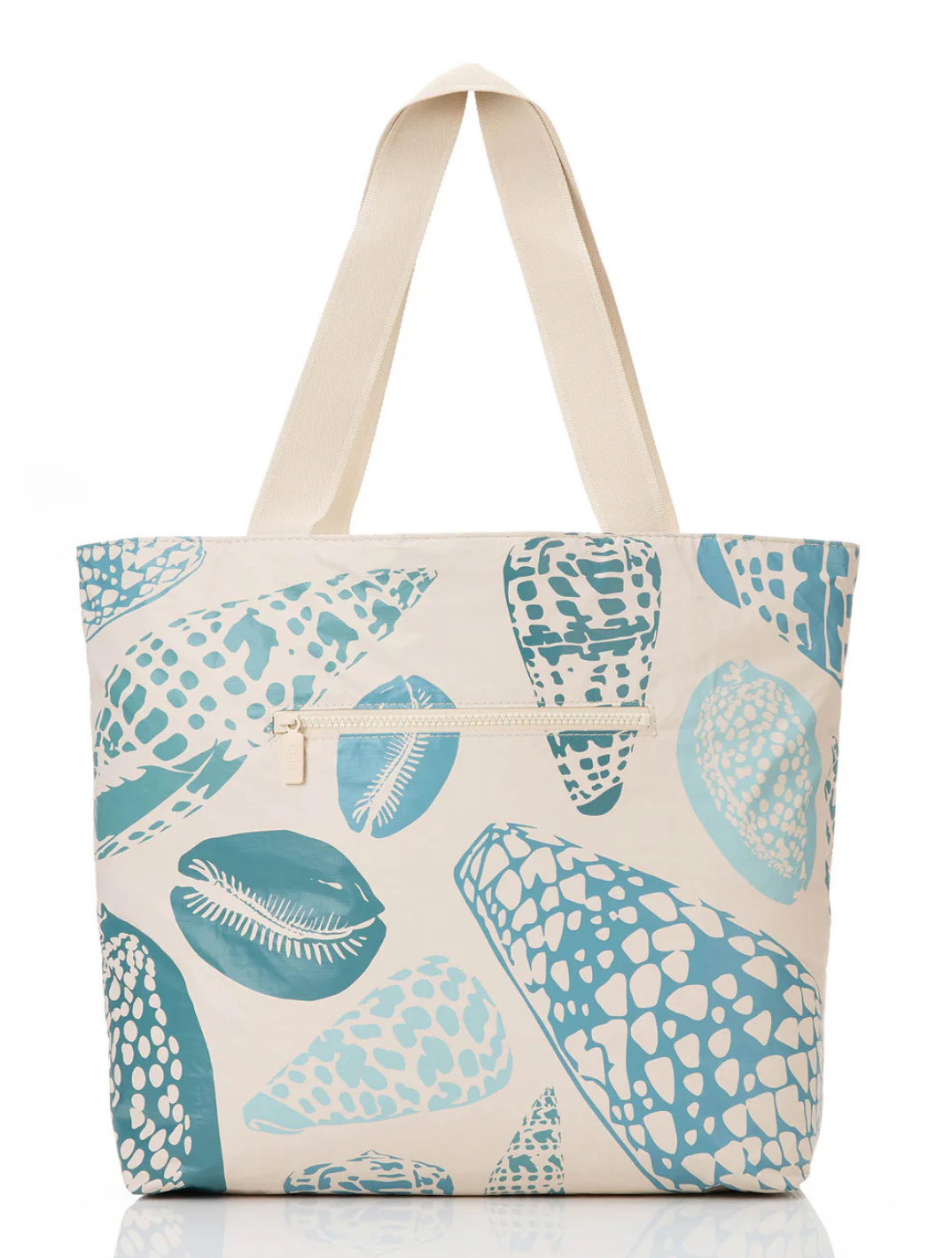 ALOHA Collection Shoreline tote bag in cream with teal shell print and beige handles.