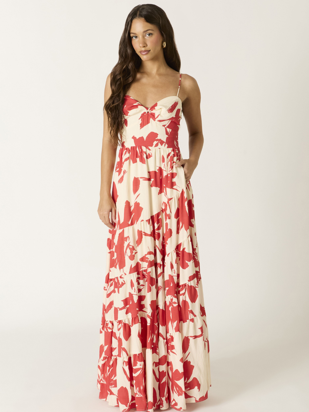 Crimson Bloom Tiered Maxi Dress with painterly red florals on cream, spaghetti straps, bow at bodice.