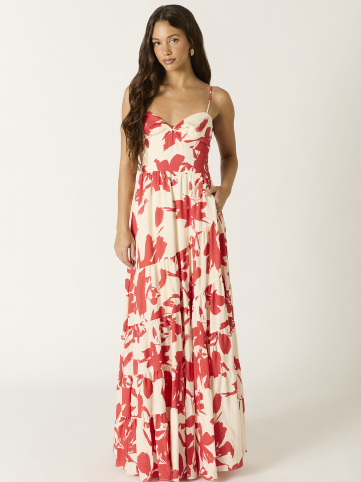 Crimson Bloom Tiered Maxi Dress with painterly red florals on cream, spaghetti straps, bow at bodice.