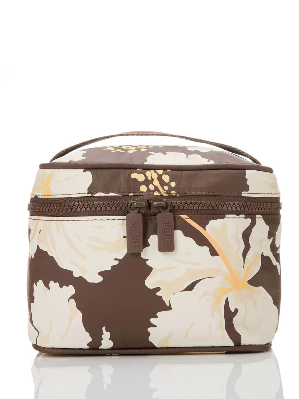 ALOHA Collection Tahaa Coconut Bag Collection: brown-cream hand-drawn hibiscus print across five silhouettes.