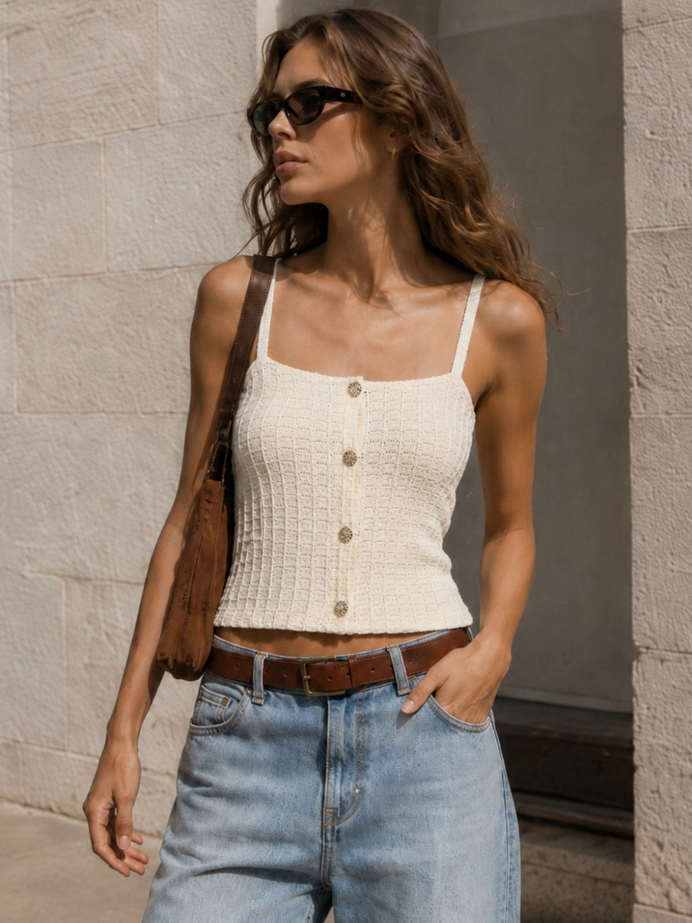 Front view of cream square-neck waffle-knit cropped camisole with ornate gold-tone button placket, styled with wide-leg blue jeans and brown leather shoulder bag