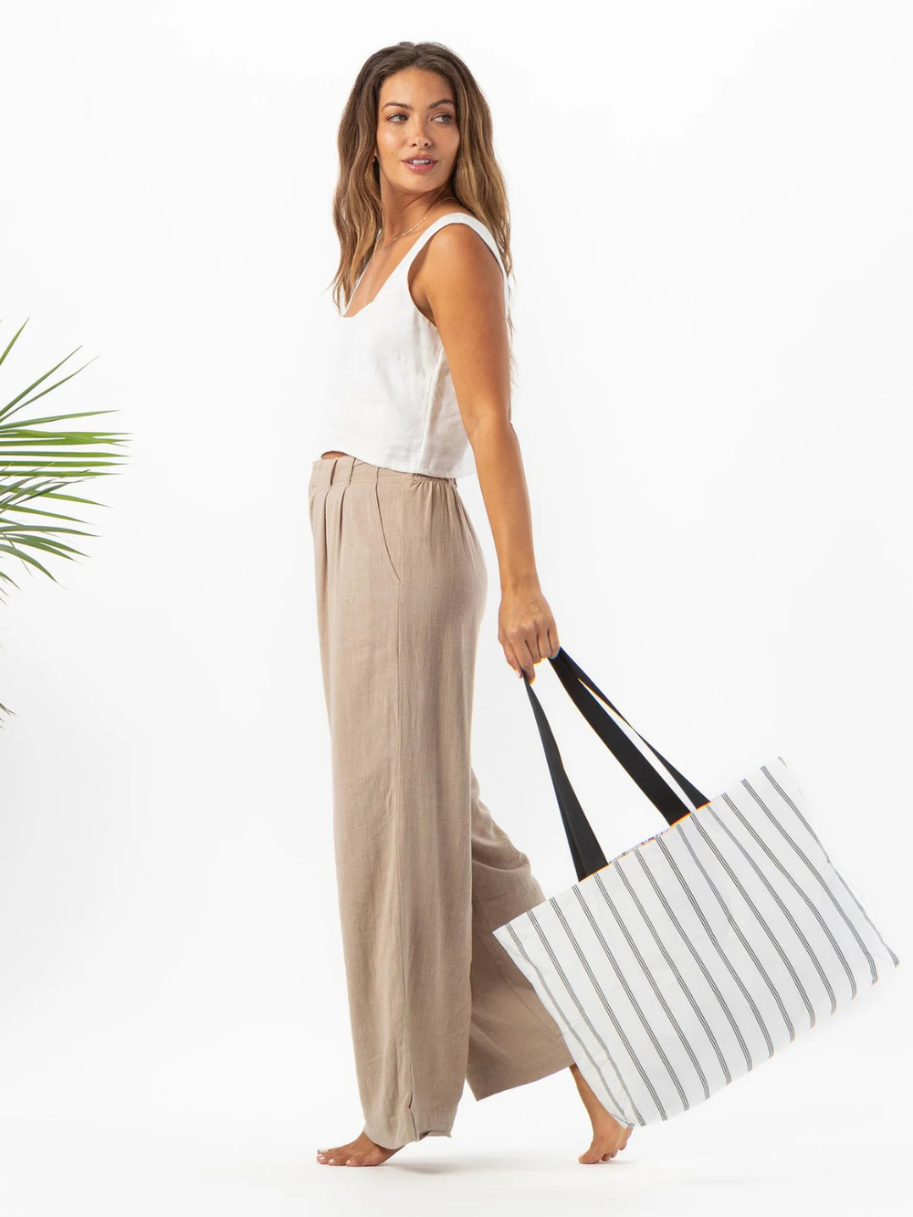 ALOHA COLLECTION Seaside Bag Collection canvas tote with white stripes and black handles.