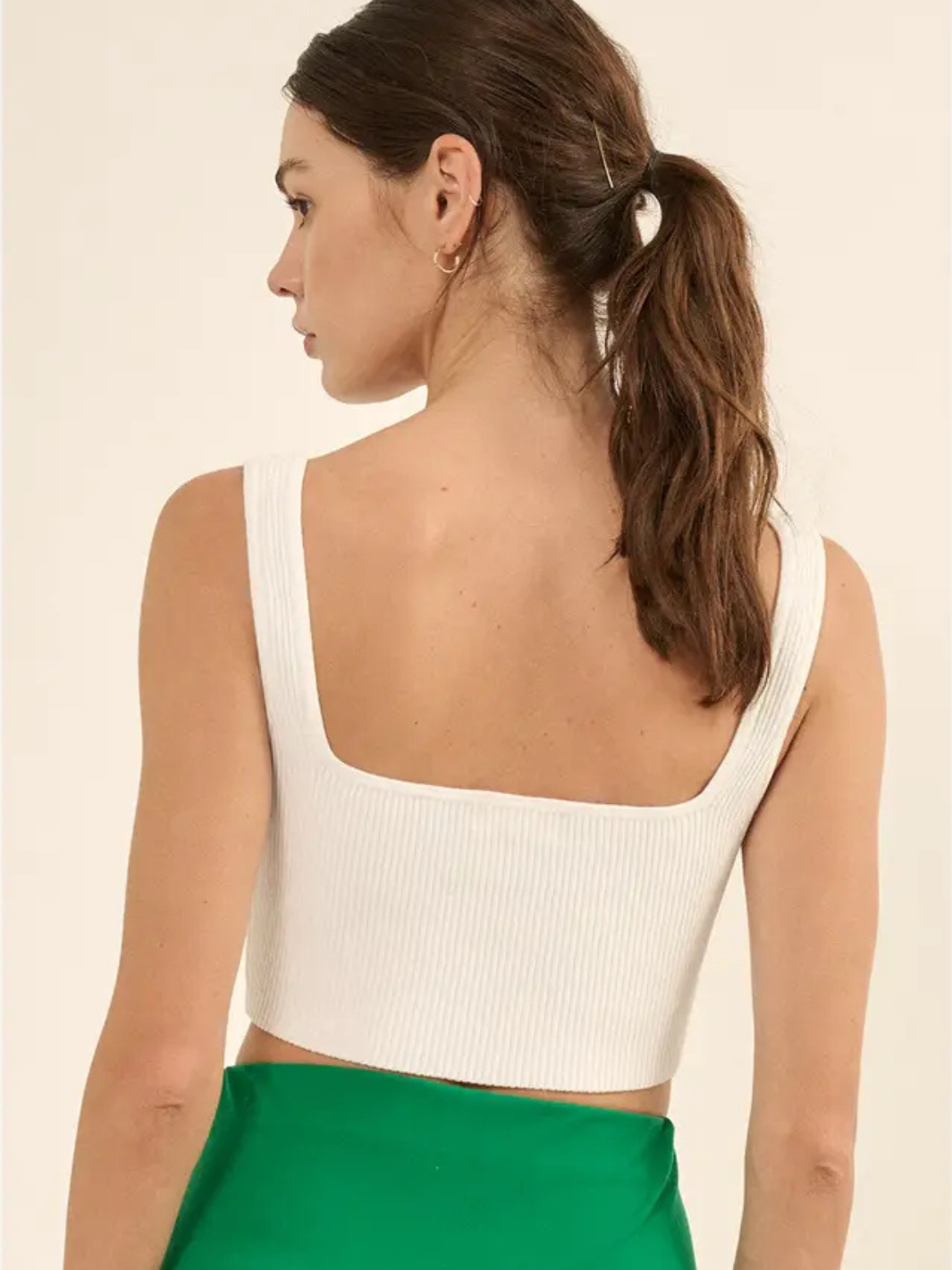 Stylish Taylor Ribbed Square Neck Crop Top in white, featuring a sleek cutout design for a trendy look. Perfect for layering!