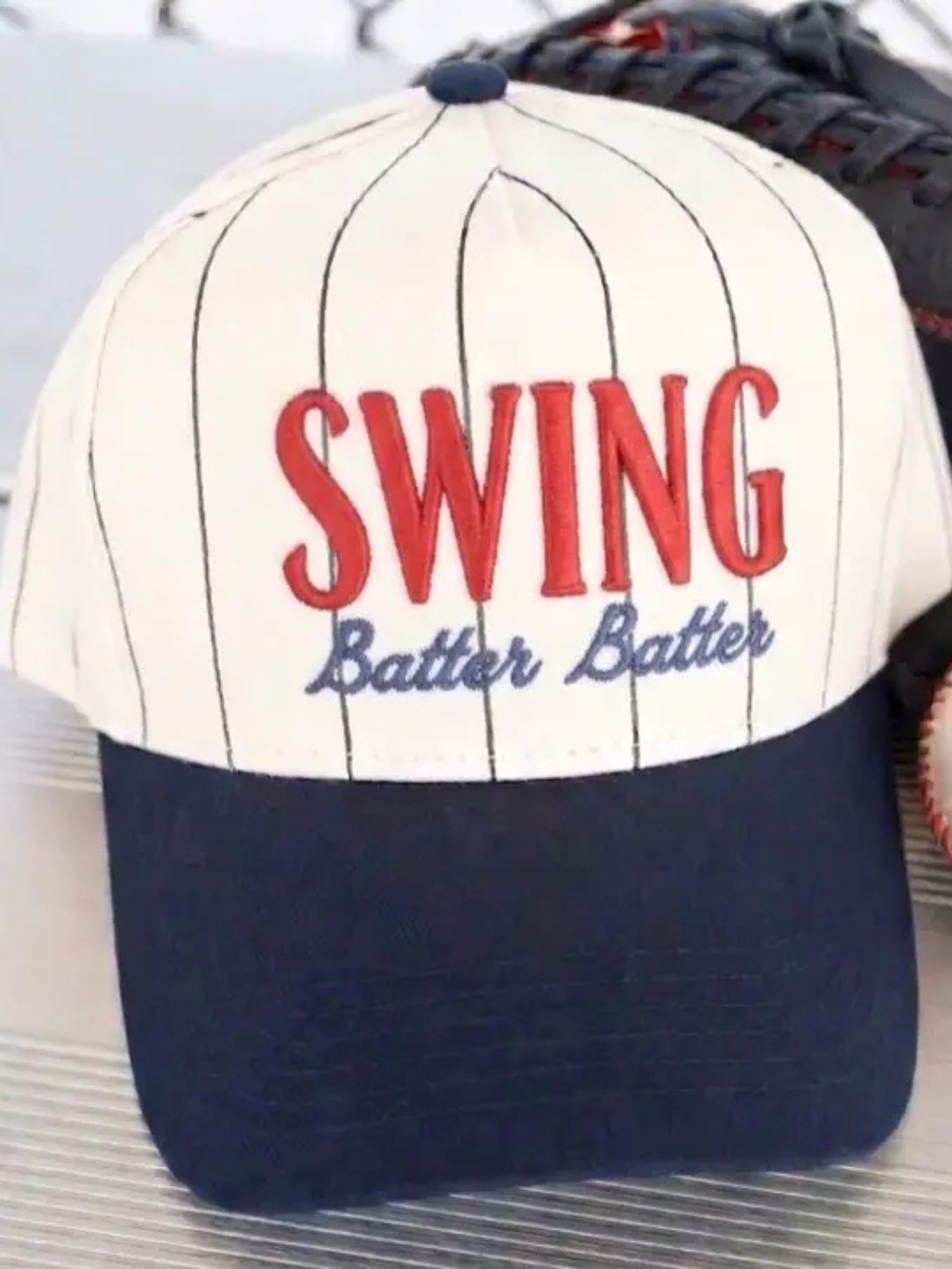 KENZKUSTOMZ Swing Batter Batter Pinstripe Cap with white crown, red SWING, blue Batter Batter, navy brim.