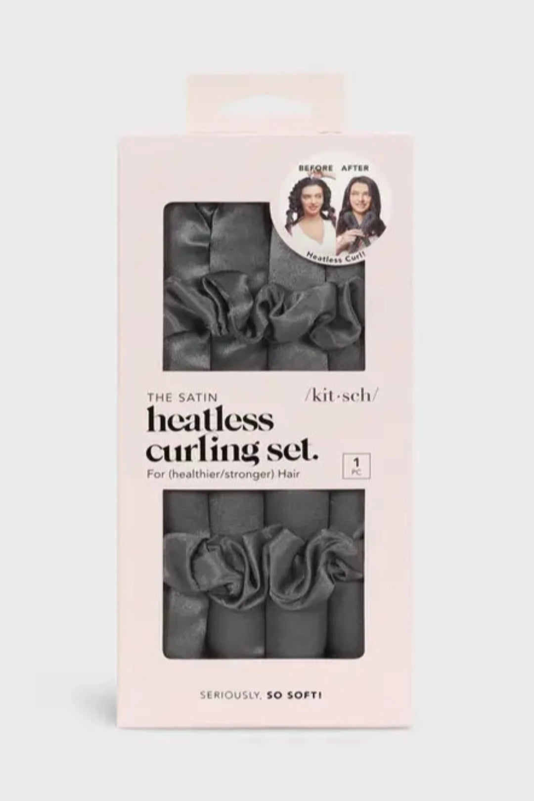 Kitsch Satin Heatless Curling Set allows you to create the perfect waves or curls for a beautiful style - without the heat damage! The satin construction keeps your hair frizz-free and prevents breakage. Simple to use and can be worn day or night! Set includes a foam curling rod & two scrunchies that gently secure your hair.