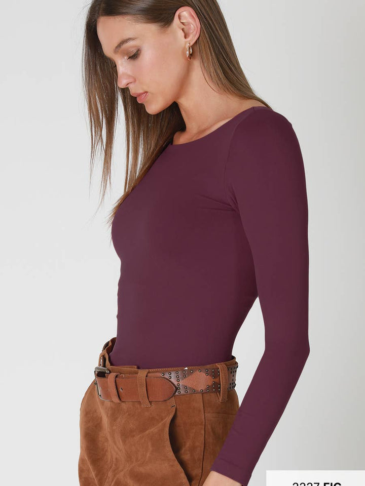 NikiBiki Margot Boat Neck Long Sleeve Top in Fig — three-quarter view of fitted plum long sleeve | Jayden P Boutique