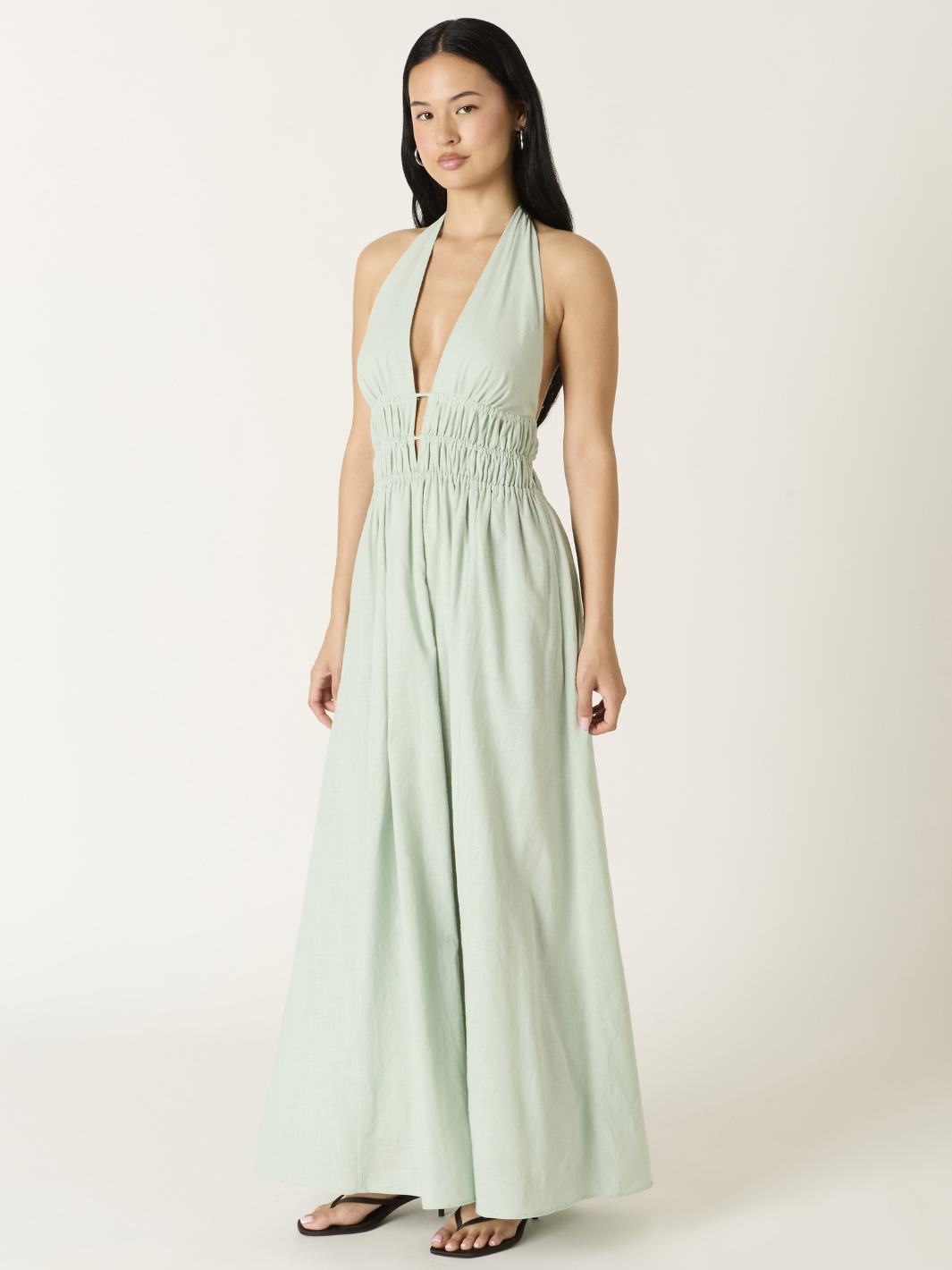 Soleil Plunge Halter Maxi Dress in mint green with plunging neckline, ruched waist, and flowing A-line skirt.