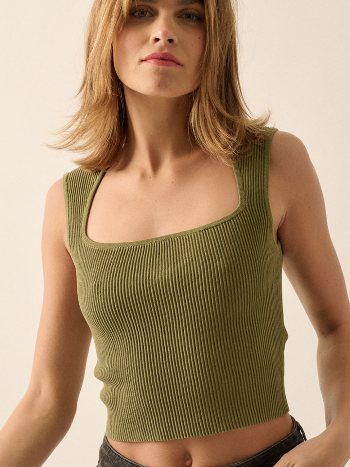Sculpt Ribbed Square Neck Crop Tank in olive green on a woman.