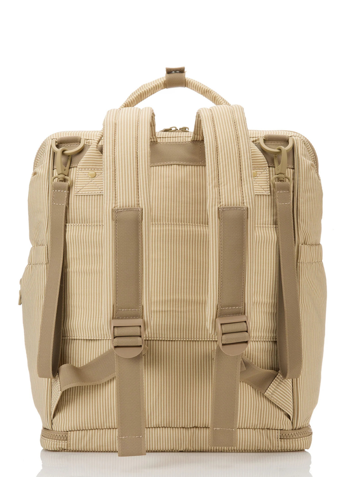 Le Bébé diaper backpack, ALOHA Collection, beige striped fabric with padded straps and multiple pockets