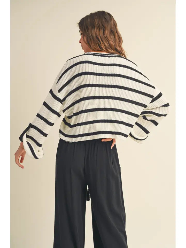 Moxie Striped Roll Up Long Sleeve Sweater